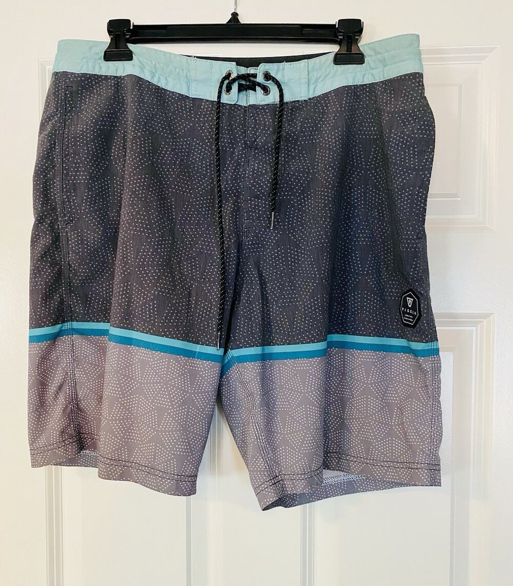 Vissla Mens Geometric Board Shorts Teal Charcoal Upcycled Coconut Stretch 34